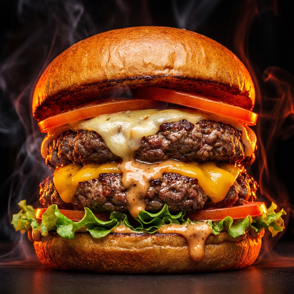 Hambúrguer suculento na brasa